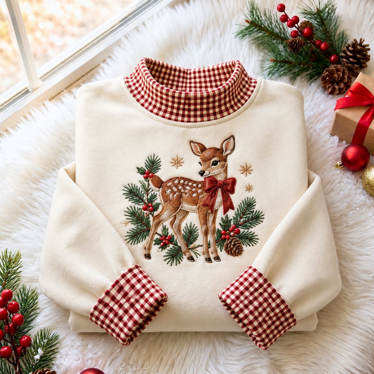 Woodland Deer Christmas Gingham HFN Gen Embroidered Shirt