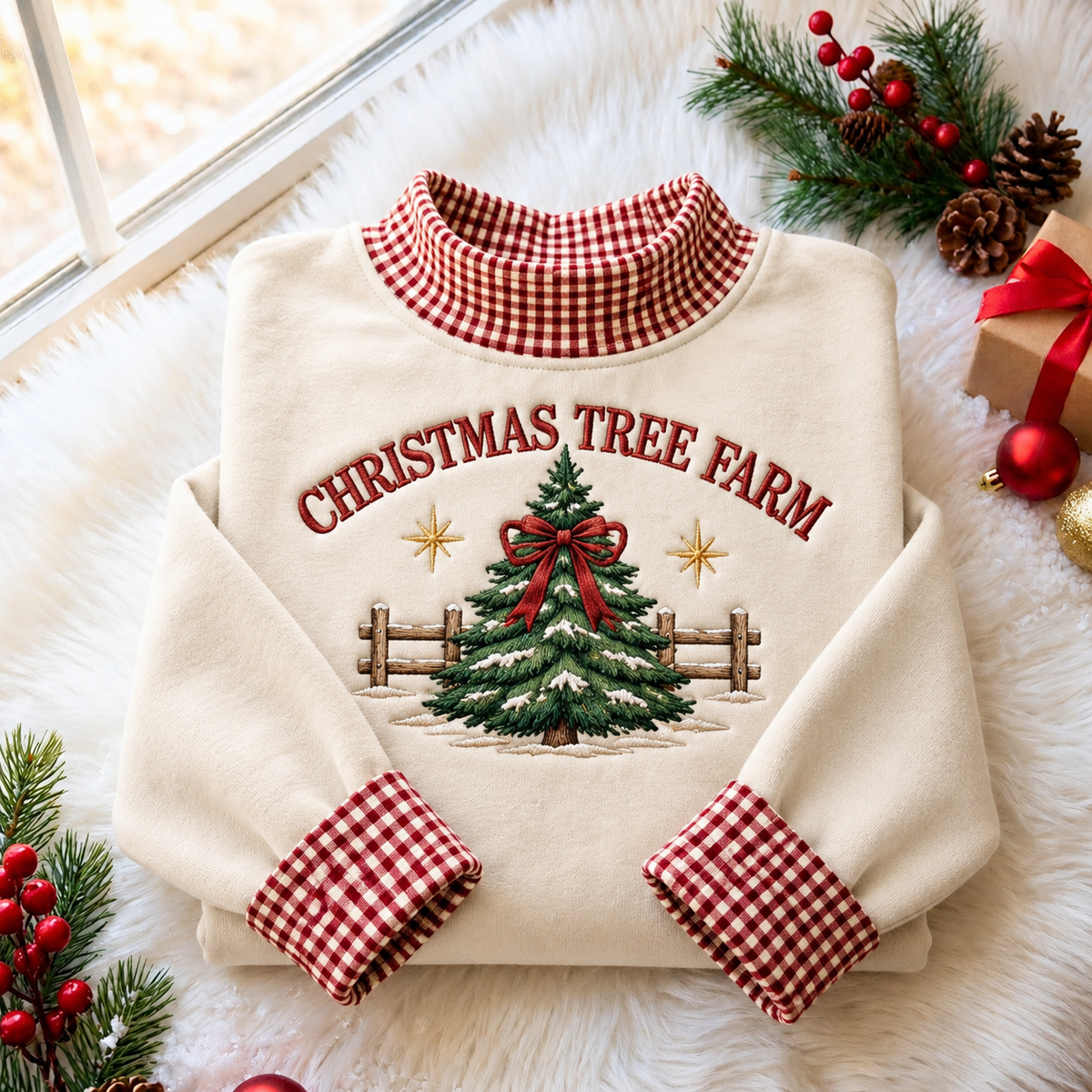 Christmas Tree Farm Gingham HFN Gen Embroidered Shirt