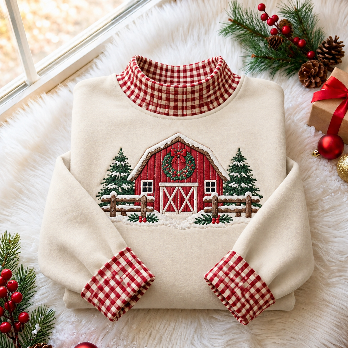 Rustic Red Barn Christmas Gingham HFN Gen Embroidered Shirt