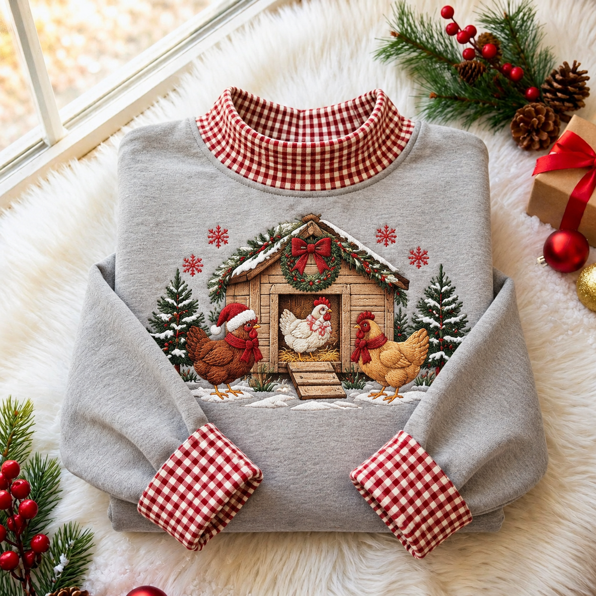 Christmas Chicken Coop Gingham HFN Gen Embroidered Shirt