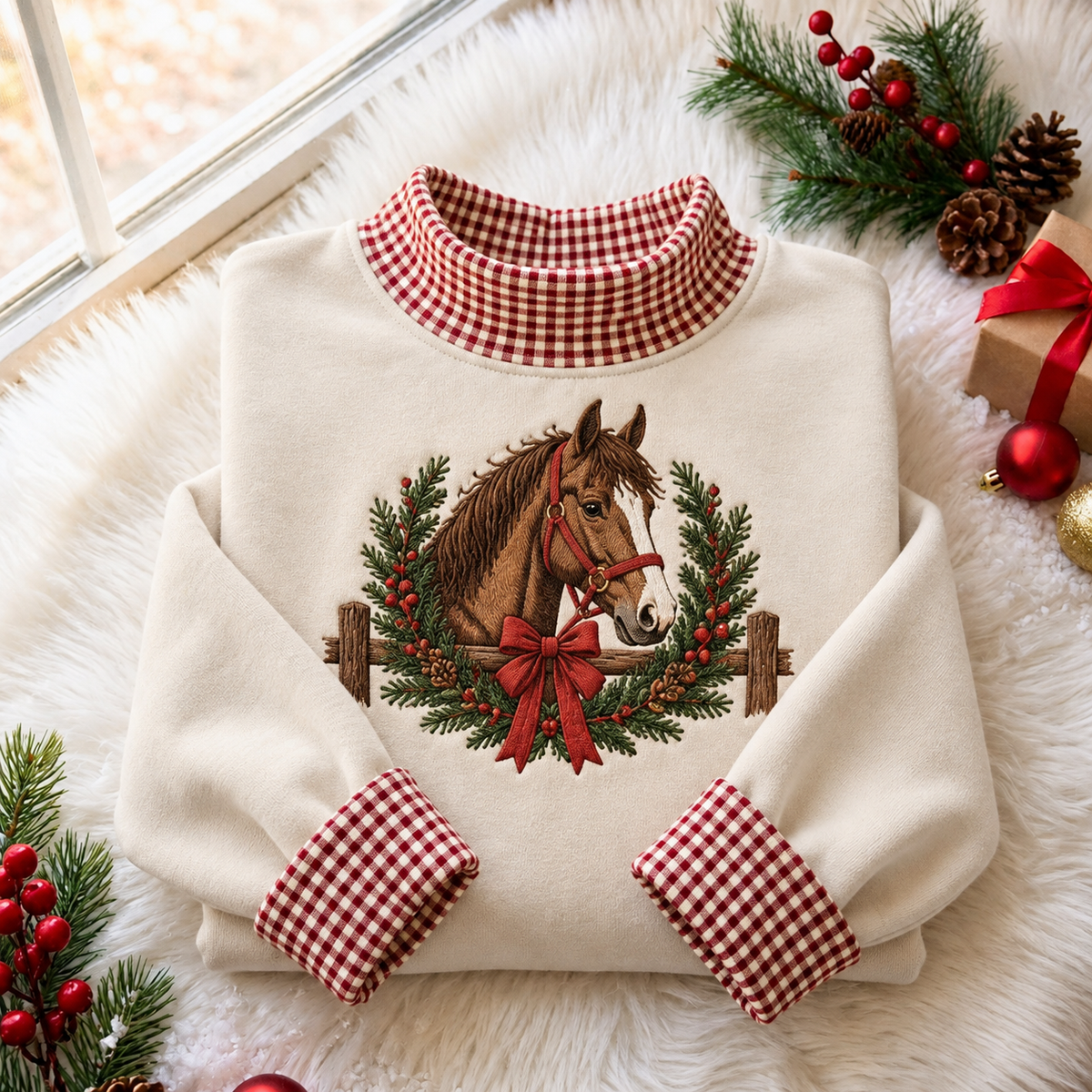 Country Christmas Horse Gingham HFN Gen Embroidered Shirt