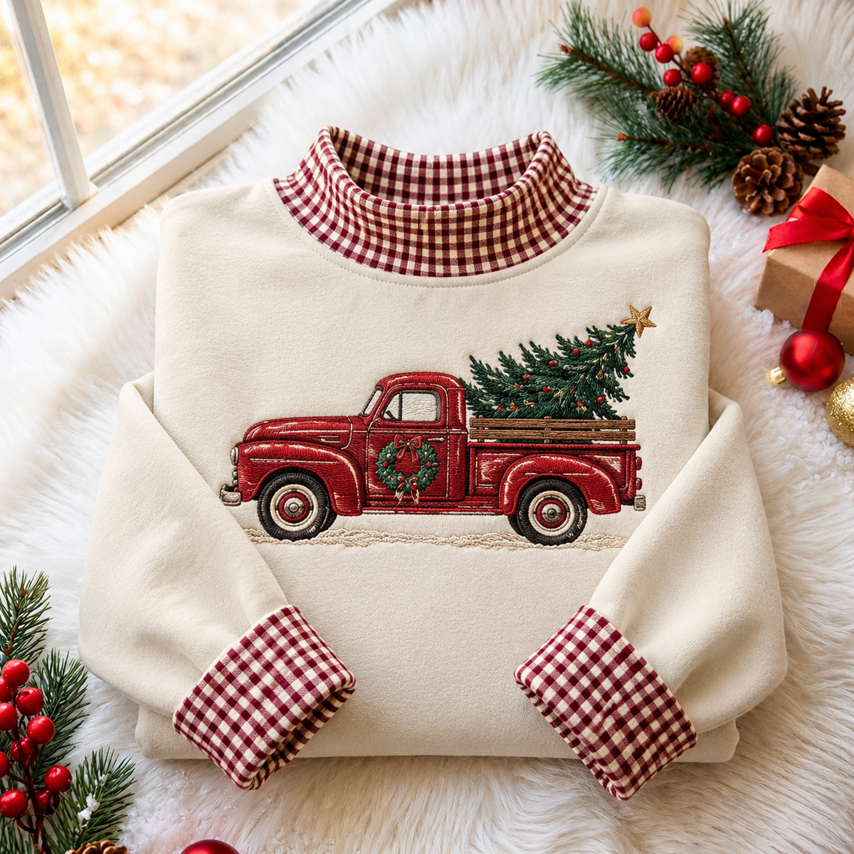 Vintage Pickup And Christmas Tree Gingham HFN Gen Embroidered Shirt