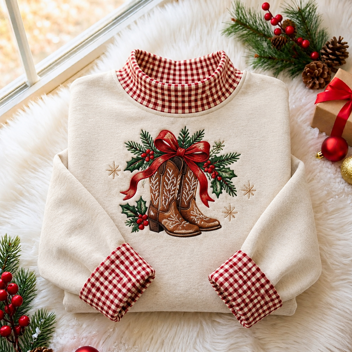 Rustic Christmas Boots And Holly Gingham HFN Gen Embroidered Shirt