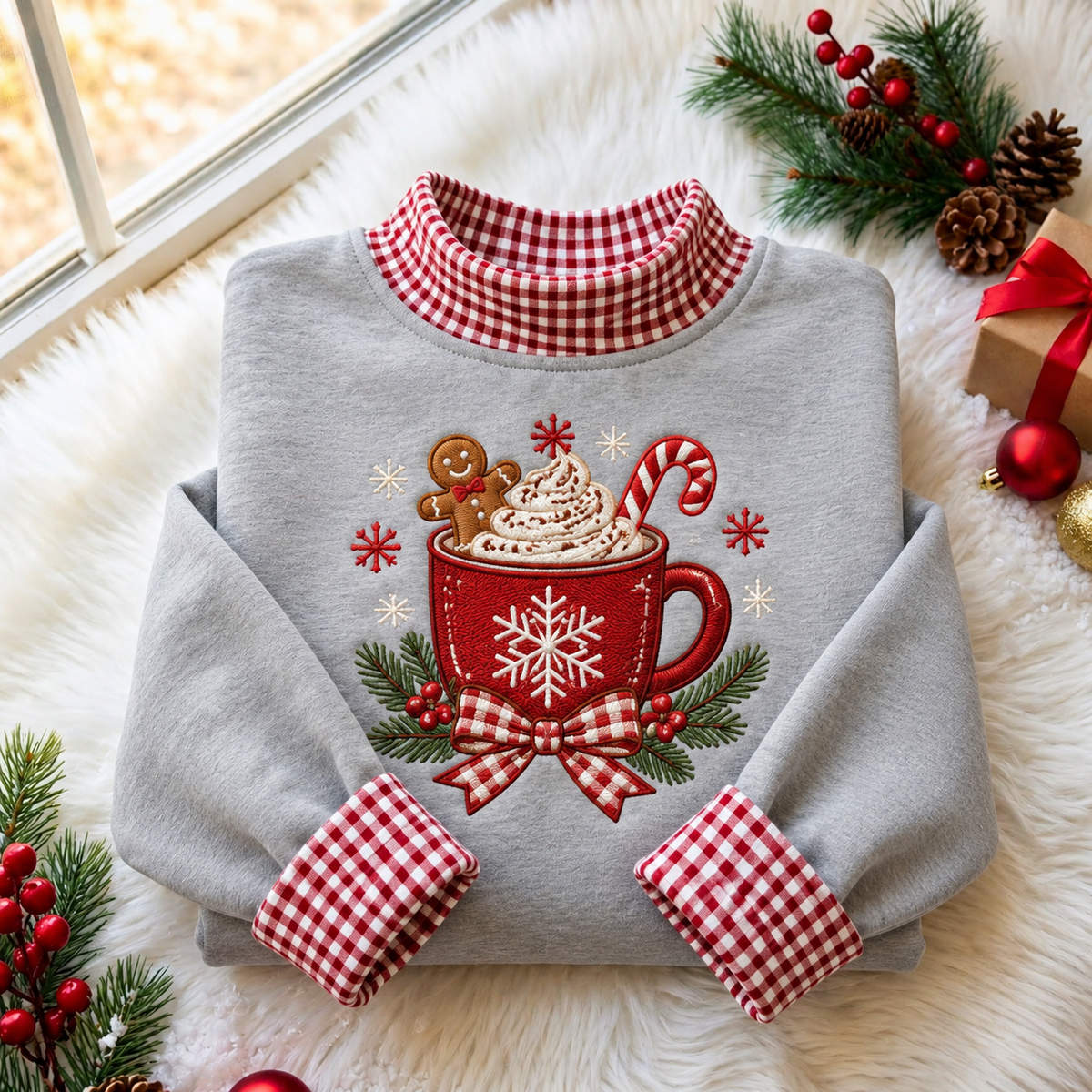 Christmas Cocoa Mug Gingham HFN Gen Embroidered Shirt