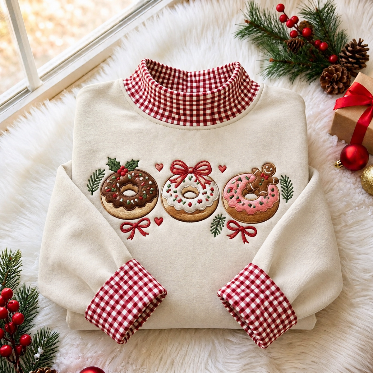 Christmas Donuts Gingham HFN Gen Embroidered Shirt