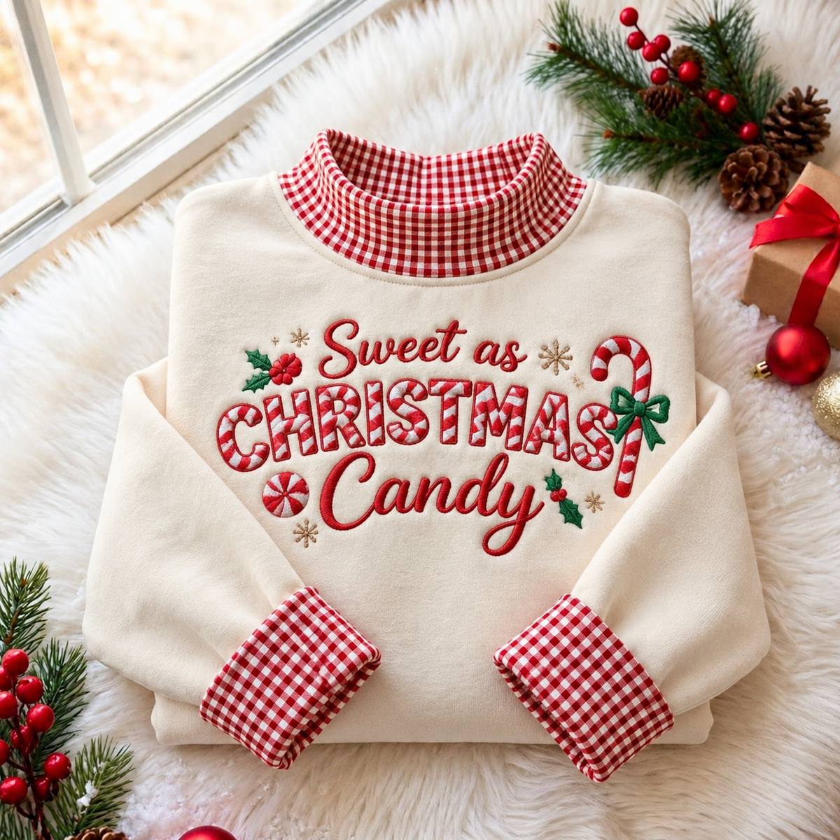 Sweet As Christmas Candy Gingham HFN Gen Embroidered Shirt