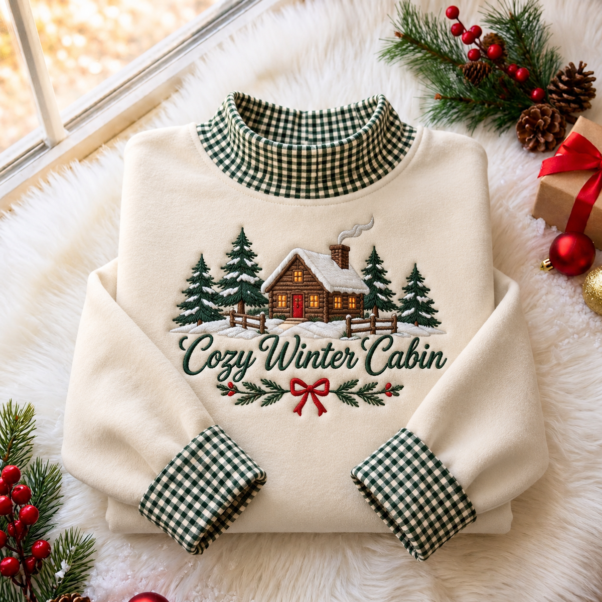 Cozy Winter Cabin Christmas Gingham HFN Gen Embroidered Shirt