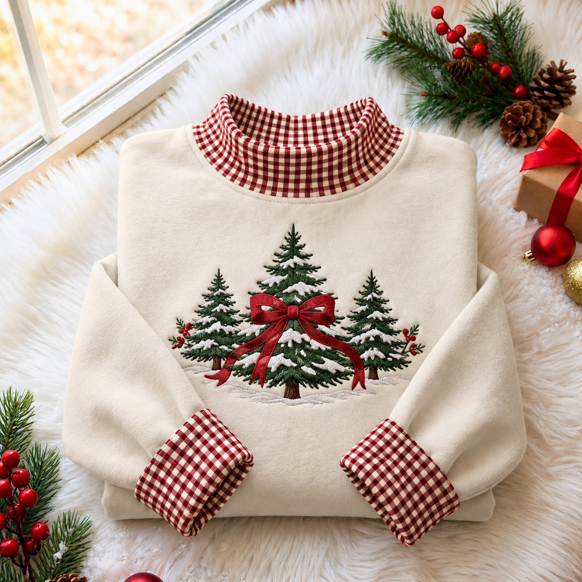 Snowy Pine Trees Christmas Gingham HFN Gen Embroidered Shirt