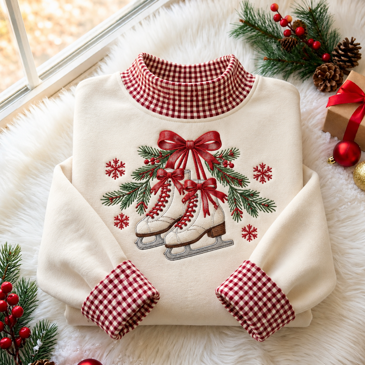 Ice Skating Christmas Gingham HFN Gen Embroidered Shirt
