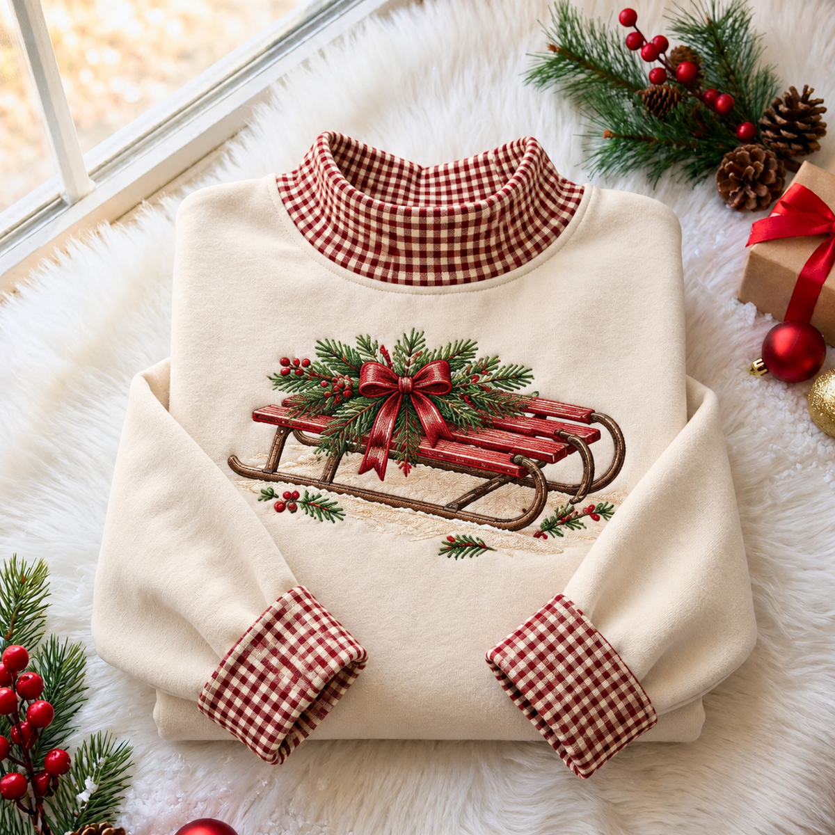 Vintage Red Sled Christmas Gingham HFN Gen Embroidered Shirt