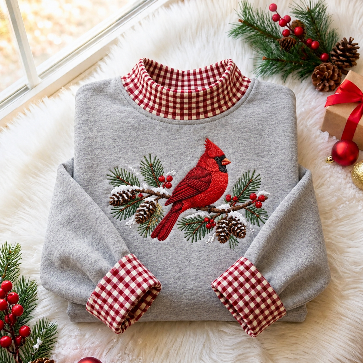 Winter Cardinal Christmas Gingham HFN Gen Embroidered Shirt