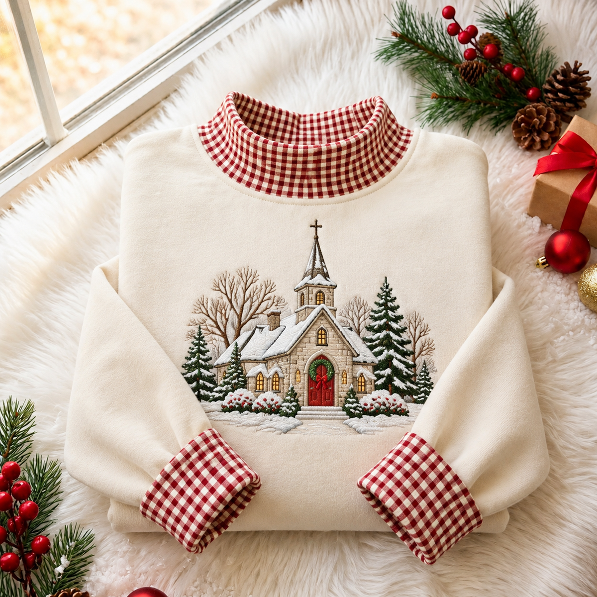 Church In The Snow Christmas Gingham HFN Gen Embroidered Shirt
