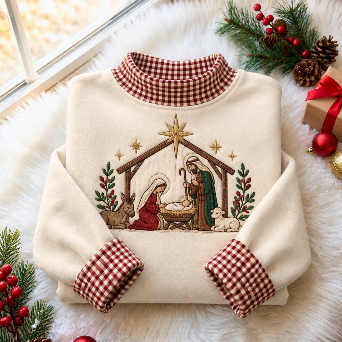 Nativity Scene Christmas Gingham HFN Gen Embroidered Shirt