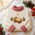 Baby Jesus In The Manger Christmas Gingham HFN Gen Embroidered Shirt
