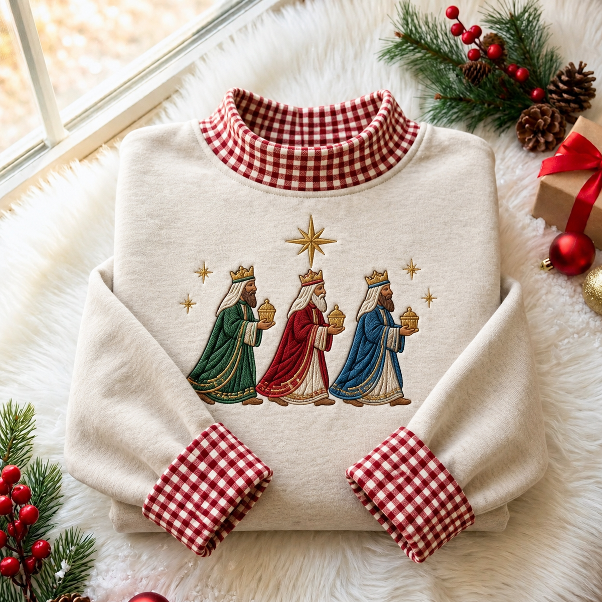 Three Wise Men Christmas Gingham HFN Gen Embroidered Shirt