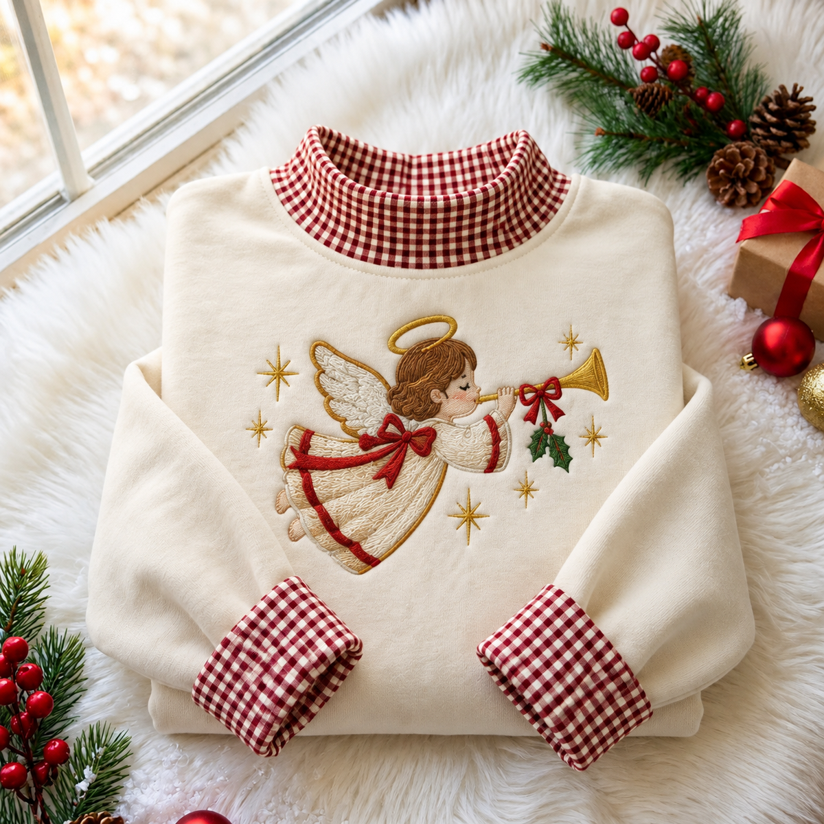 Angel With Trumpet Christmas Gingham HFN Gen Embroidered Shirt