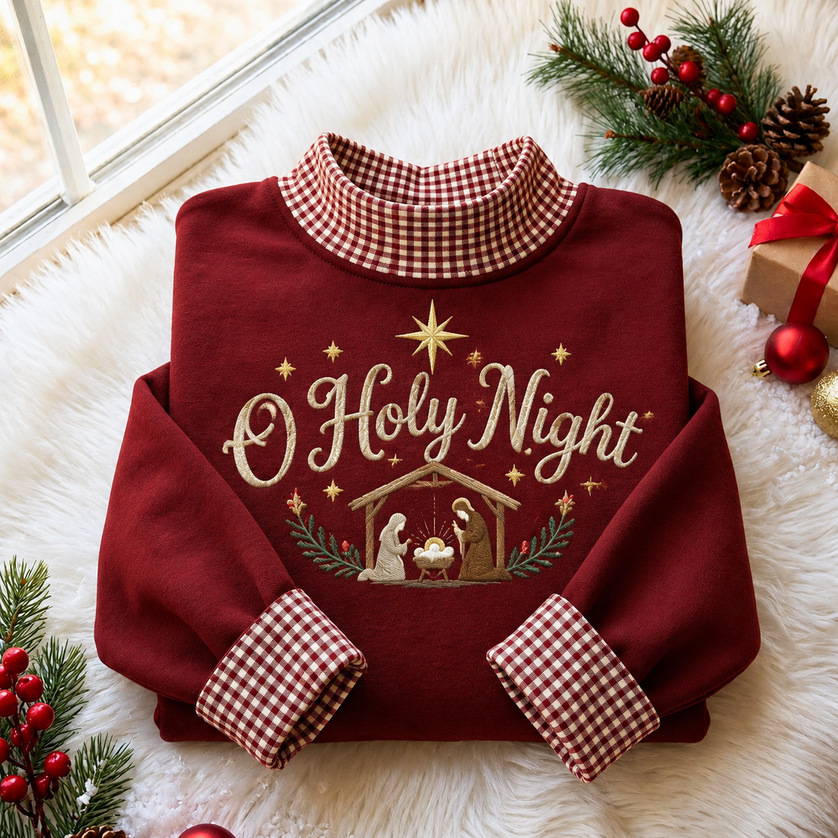 O Holy Night Christmas Gingham HFN Gen Embroidered Shirt