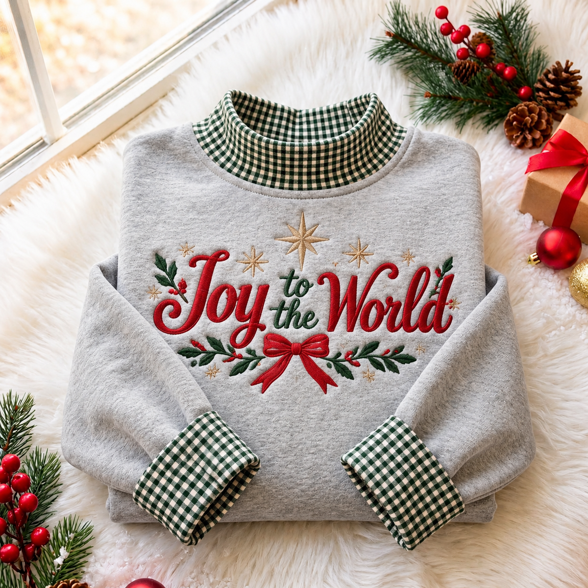Joy To The World Christmas Gingham HFN Gen Embroidered Shirt