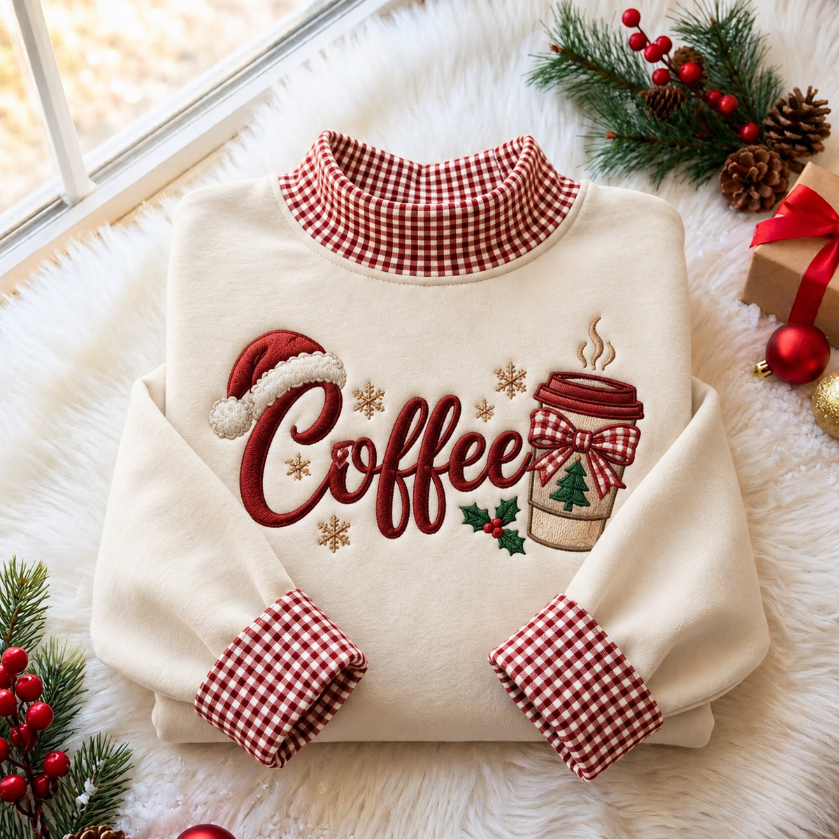 Coffee Lover Christmas Gingham HFN Gen Embroidered Shirt