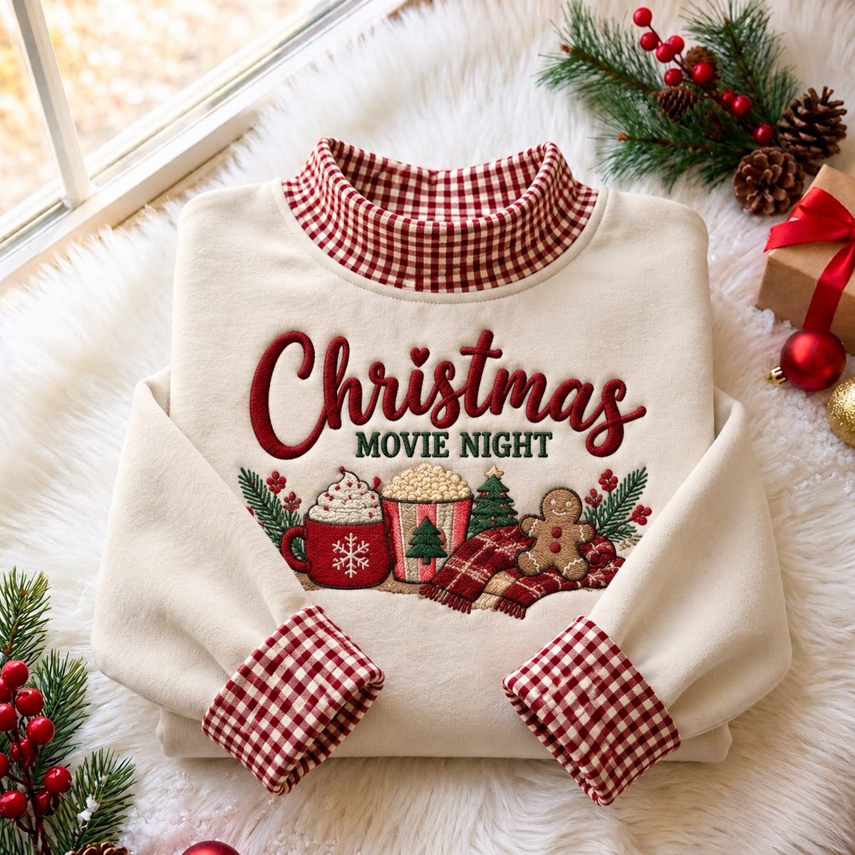 Movie Night Christmas Gingham HFN Gen Embroidered Shirt