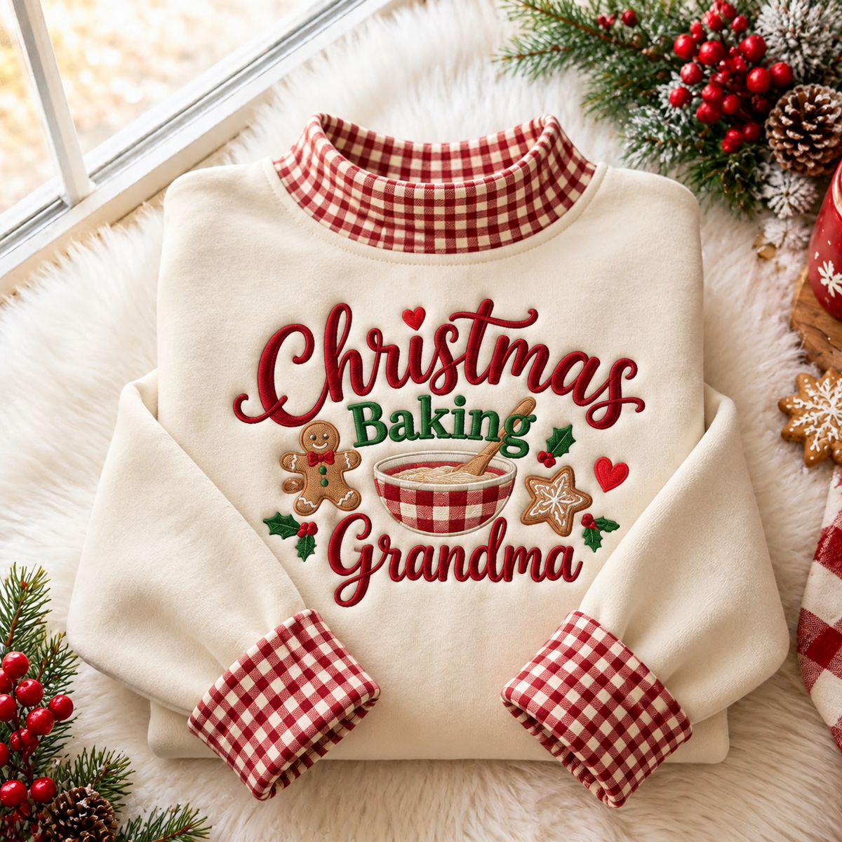 Baking Grandma Christmas Gingham HFN Gen Embroidered Shirt