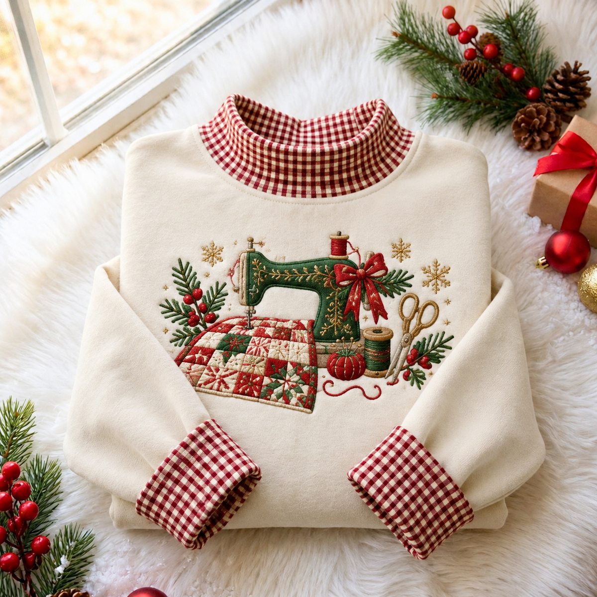 Quilting And Sewing Christmas Gingham HFN Gen Embroidered Shirt