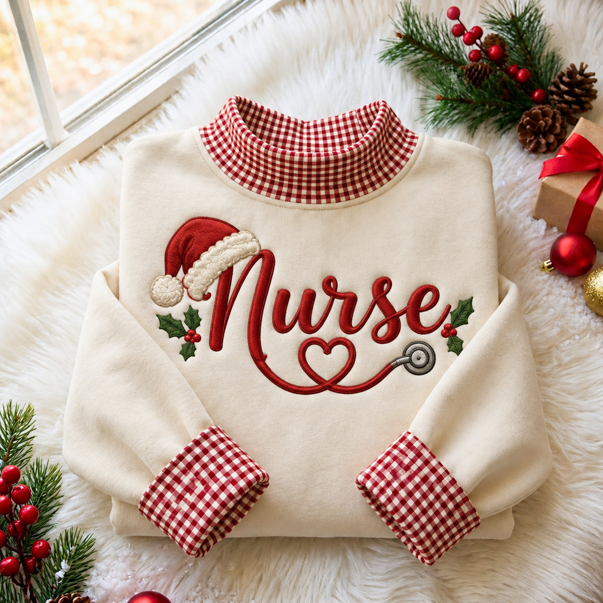 Nurse Christmas Gingham HFN Gen Embroidered Shirt