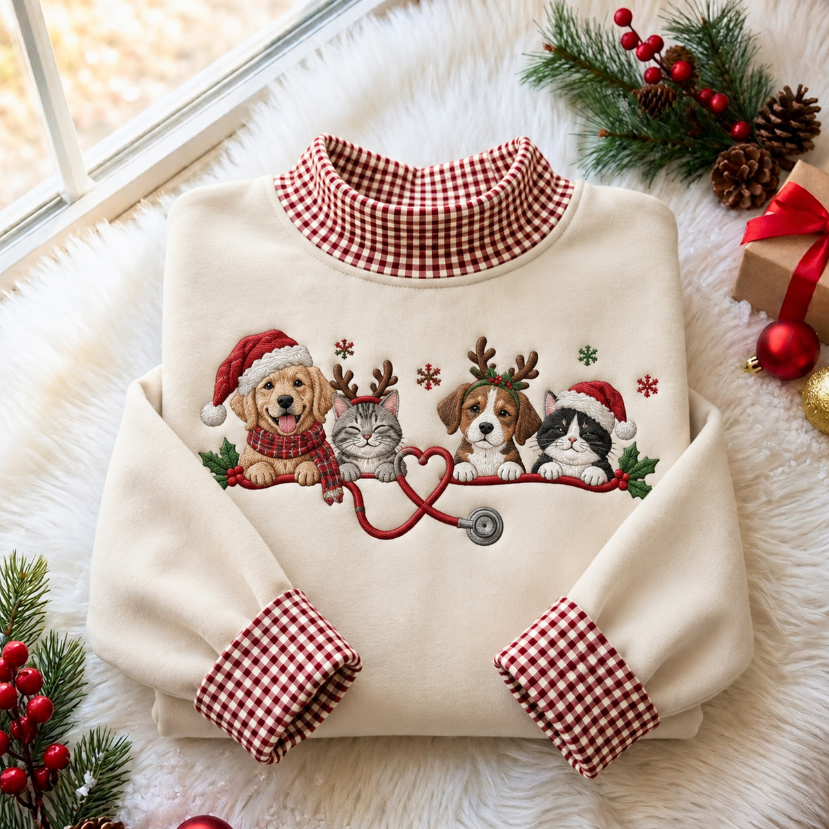 Veterinarian Christmas Gingham HFN Gen Embroidered Shirt