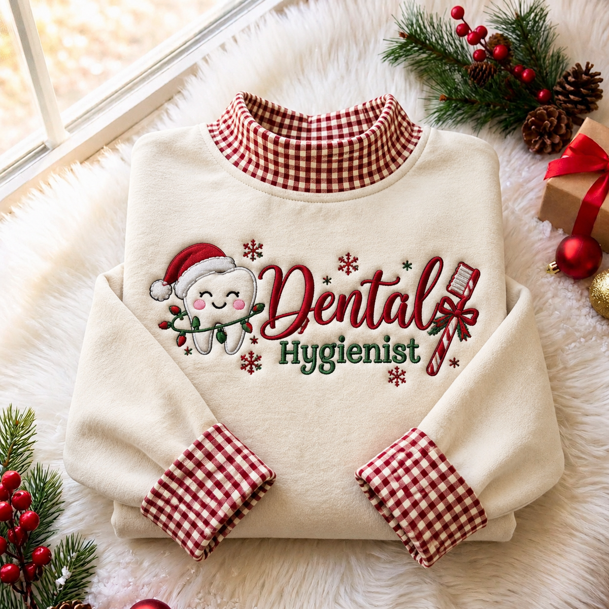 Dental Hygienist Christmas Gingham HFN Gen Embroidered Shirt