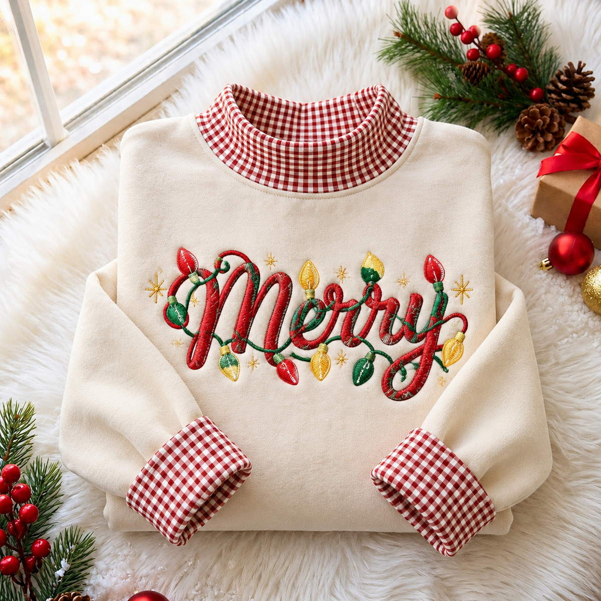 Retro Lights Christmas Gingham HFN Gen Embroidered Shirt, Cotton Festive Wear