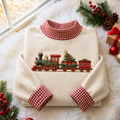 Vintage Toy Train Christmas Gingham HFN Gen Embroidered Shirt, Soft Cotton Winter Outfit
