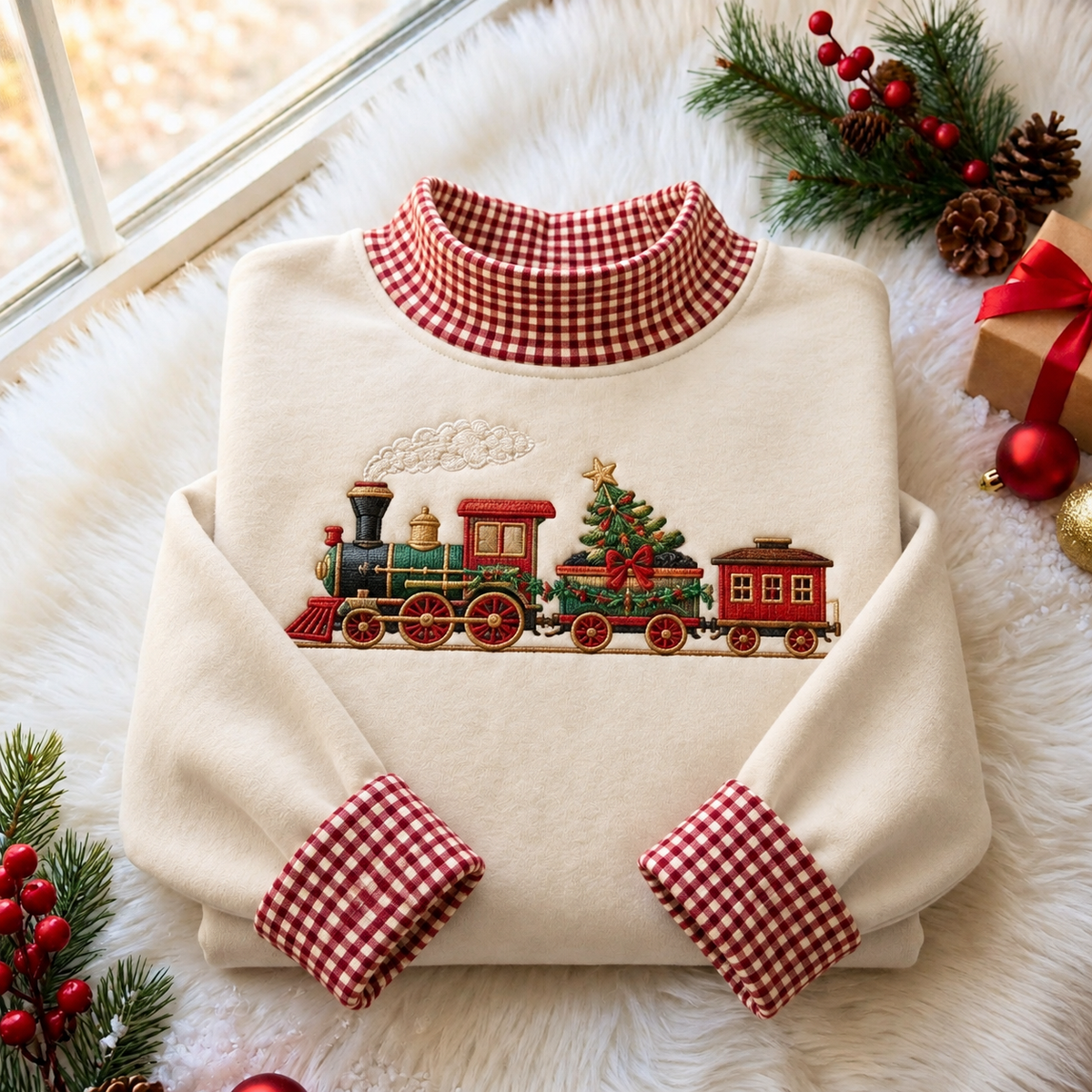 Vintage Toy Train Christmas Gingham HFN Gen Embroidered Shirt, Soft Cotton Winter Outfit
