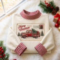 Vintage Postcard Christmas Gingham HFN Gen Embroidered Shirt, Cotton Holiday Party Wear