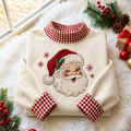 Retro Santa Face Christmas Gingham HFN Gen Embroidered Shirt, Cotton Festive Outfit