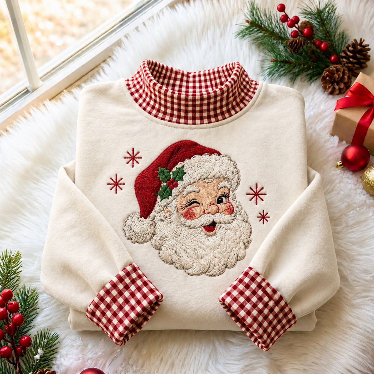 Retro Santa Face Christmas Gingham HFN Gen Embroidered Shirt, Cotton Festive Outfit