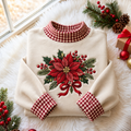 Vintage Poinsettia Christmas Gingham HFN Gen Embroidered Shirt, Cotton Floral Holiday Wear