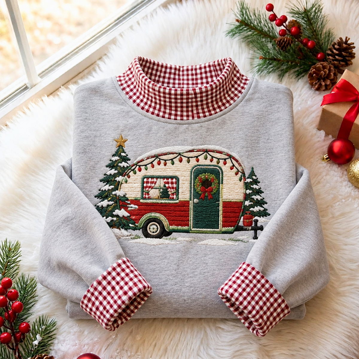 Retro Camper Christmas Gingham HFN Gen Embroidered Shirt, Cotton Camping Holiday Wear
