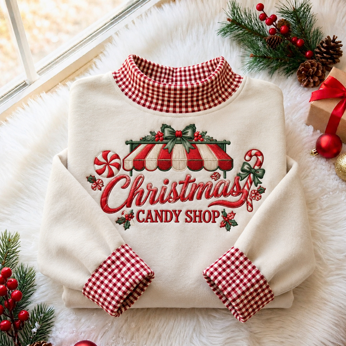 Vintage Candy Shop Christmas Gingham HFN Gen Embroidered Shirt, Cotton Sweet Holiday Gift