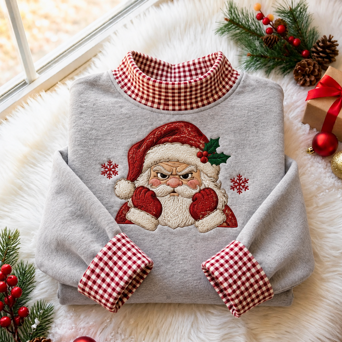 Grumpy Santa Christmas Gingham HFN Gen Embroidered Shirt, Cotton Funny Holiday Outfit