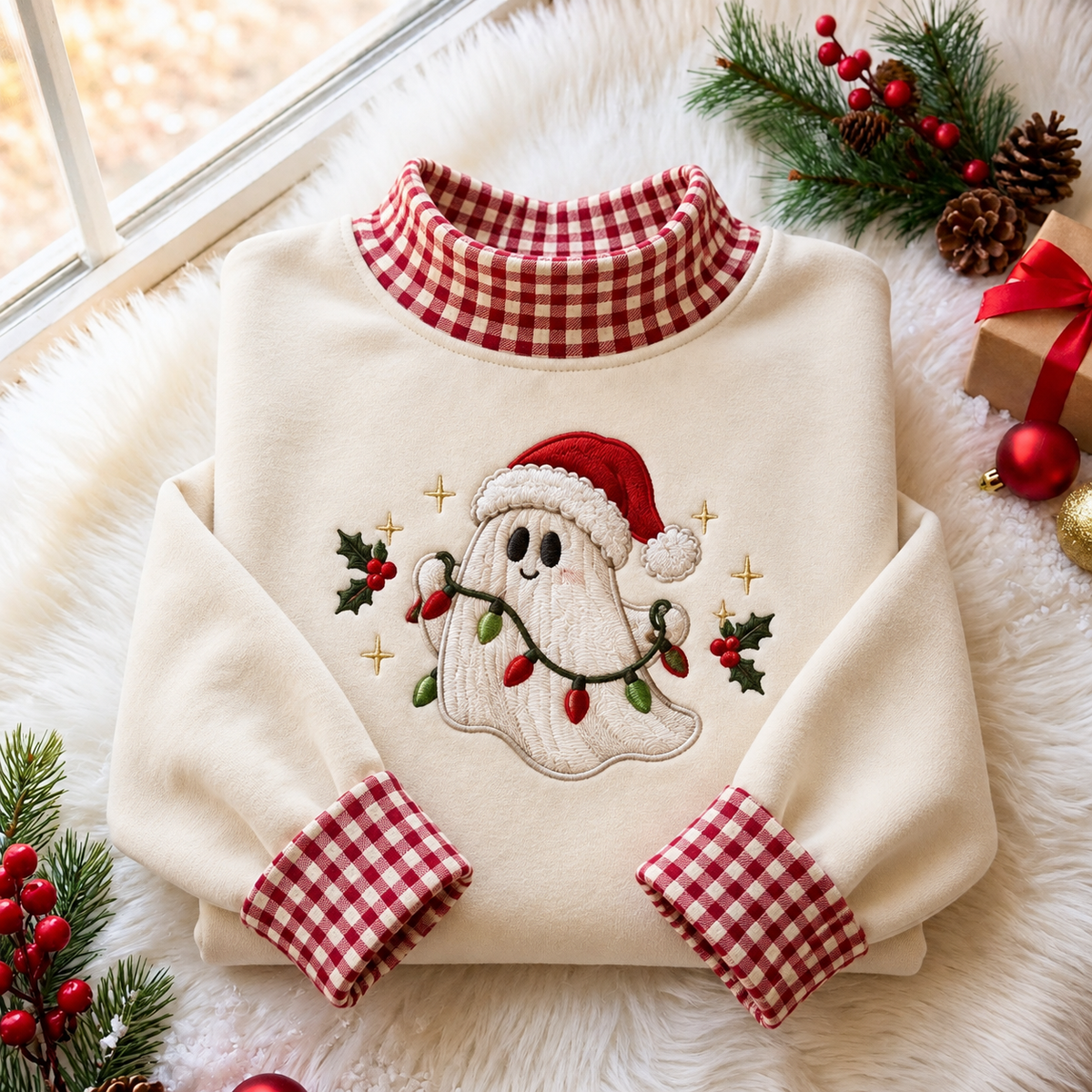 Ghost Christmas Gingham HFN Gen Embroidered Shirt, Cotton Spooky Winter Wear