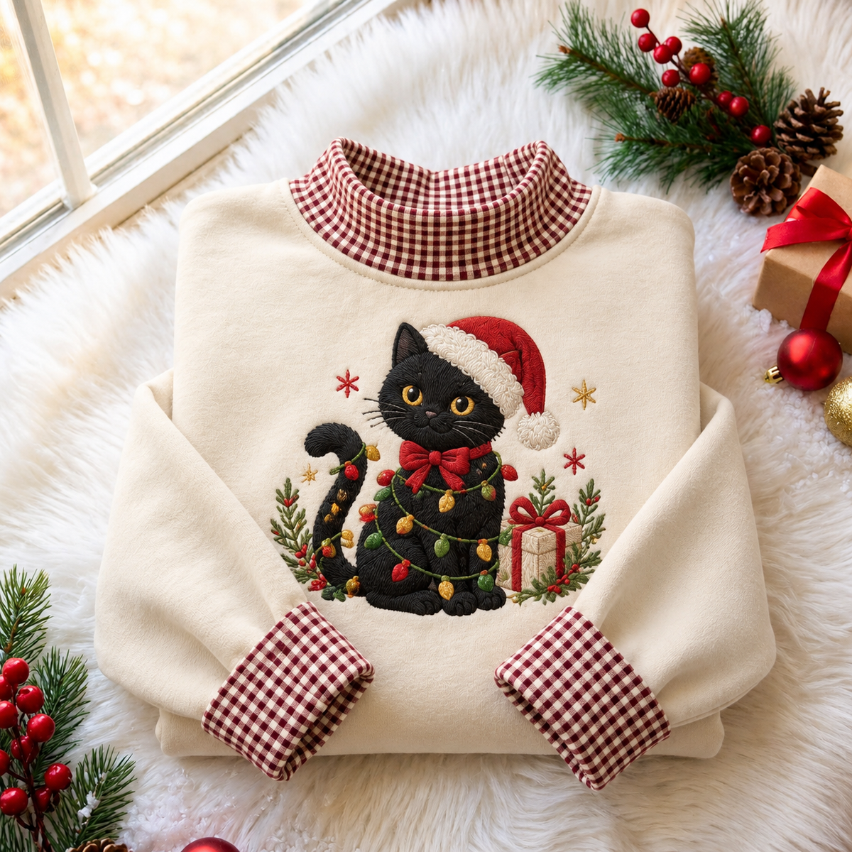 Black Cat Christmas Gingham HFN Gen Embroidered Shirt, Cotton Gothic Holiday Outfit