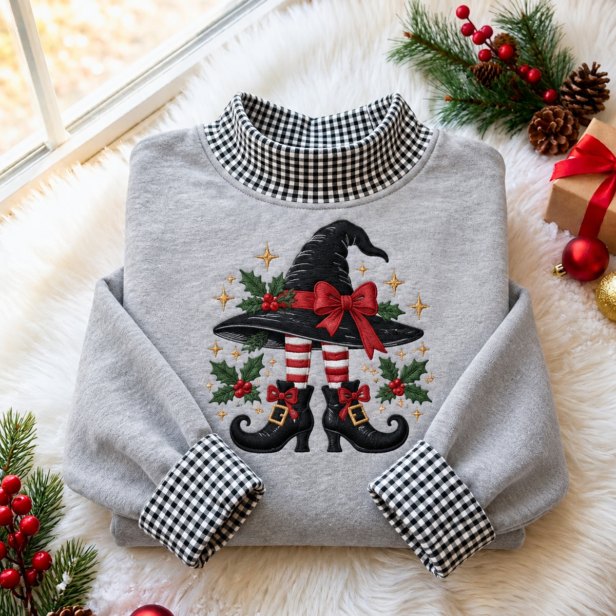Witch Christmas Gingham HFN Gen Embroidered Shirt, Cotton Magical Winter Wear