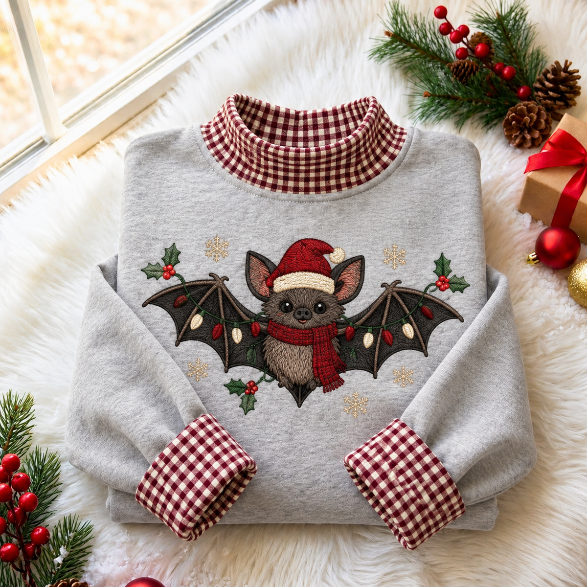 Bat Christmas Gingham HFN Gen Embroidered Shirt, Cotton Gothic Festive Wear