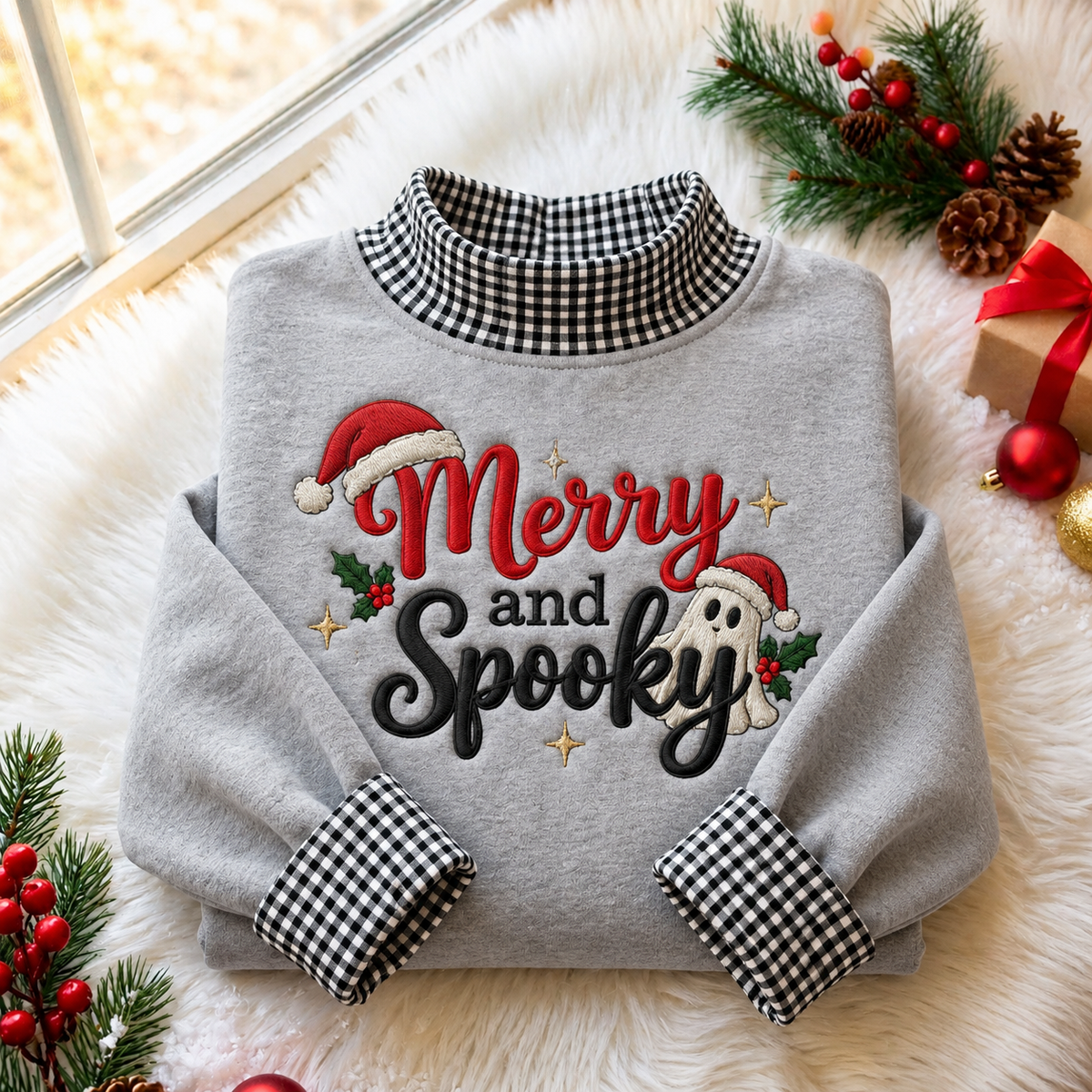 Merry And Spooky Christmas Gingham HFN Gen Embroidered Shirt, Cotton Halloween Holiday Outfit