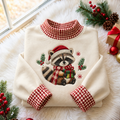 Raccoon Christmas Gingham HFN Gen Embroidered Shirt, Cotton Wildlife Winter Wear