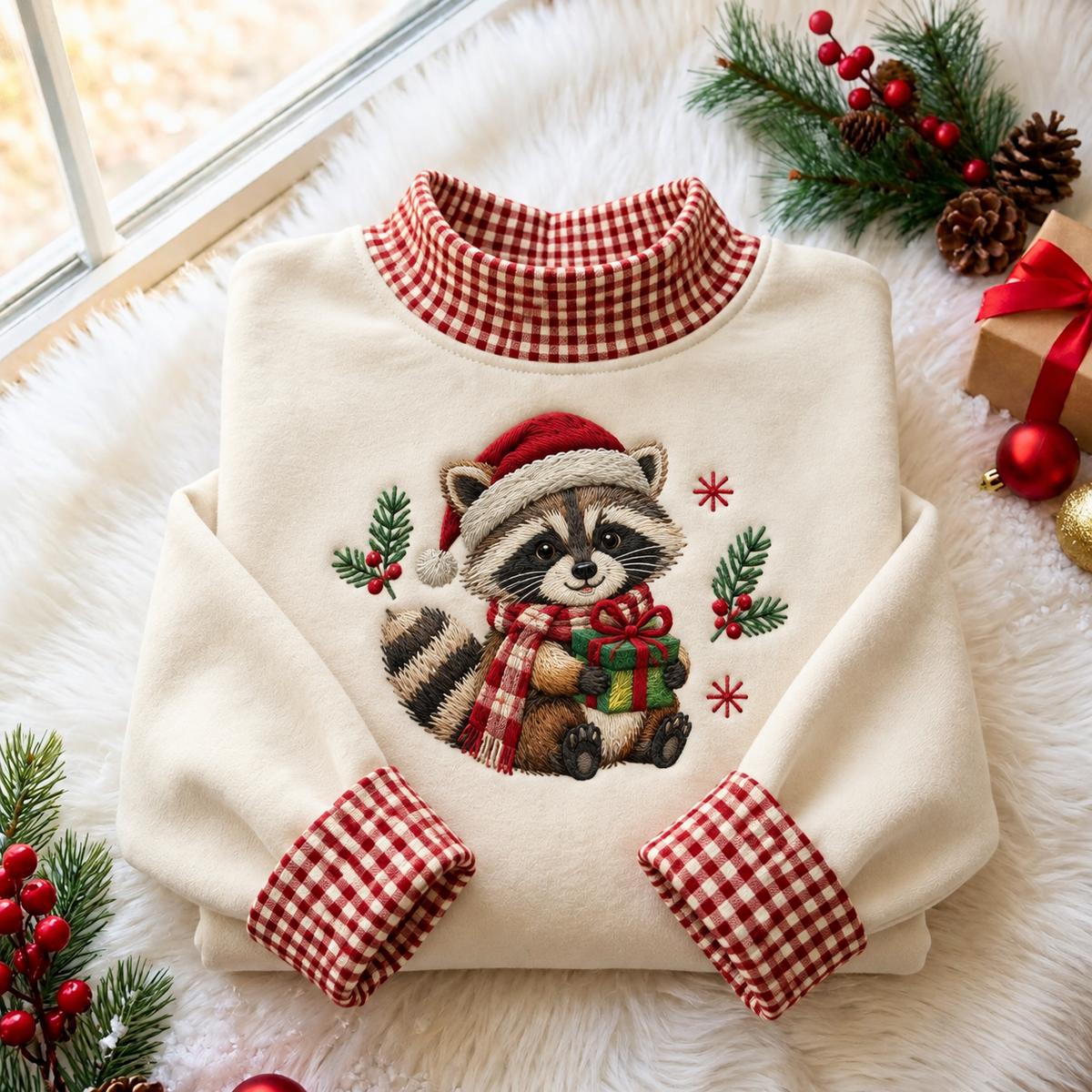 Raccoon Christmas Gingham HFN Gen Embroidered Shirt, Cotton Wildlife Winter Wear