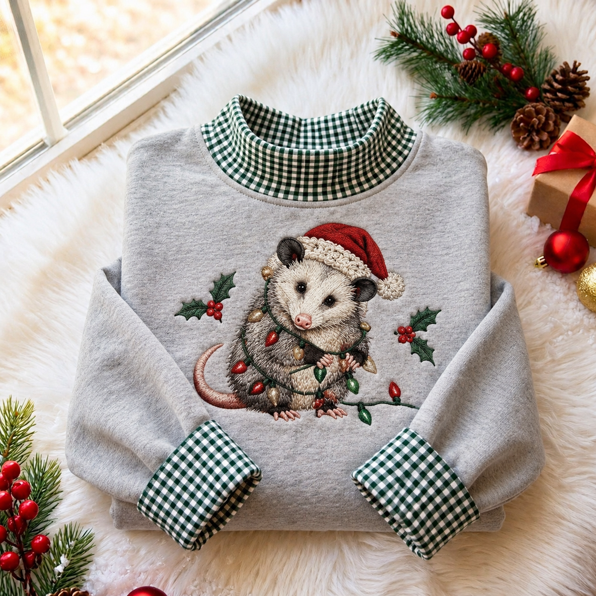 Possum Christmas Gingham HFN Gen Embroidered Shirt, Cotton Funny Festive Outfit