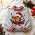Highland Cow With Santa Hat Christmas Gingham HFN Gen Embroidered Shirt, Cotton Farmhouse Holiday Wear