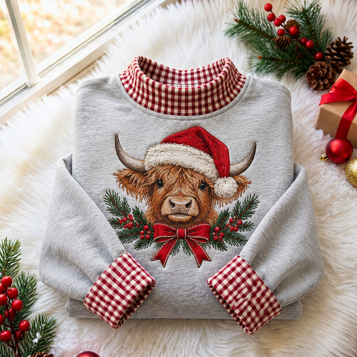 Highland Cow With Santa Hat Christmas Gingham HFN Gen Embroidered Shirt, Cotton Farmhouse Holiday Wear