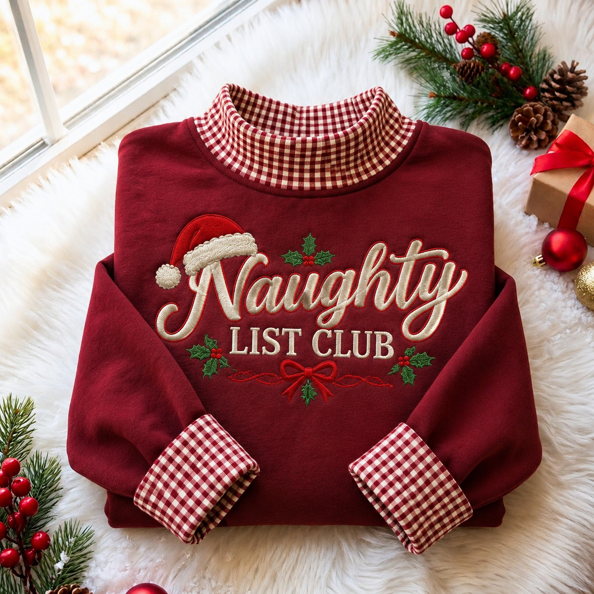 Naughty List Club Christmas Gingham HFN Gen Embroidered Shirt, Cotton Funny Winter Outfit